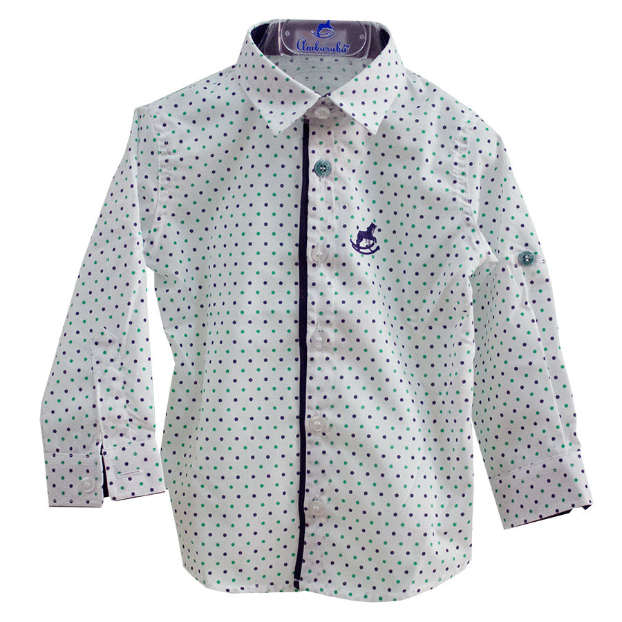 
  Camicia della linea abbigliamento bambino Ambarabà; in simpatica fantasia a pois.
  finitura i...