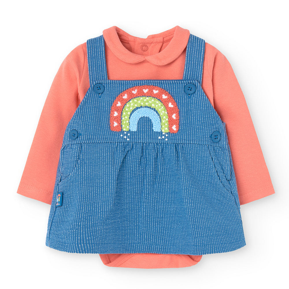 
Completo due pezzi della Linea Abbigliamento Bambina Boboli, con salopette a gonna a righine con...