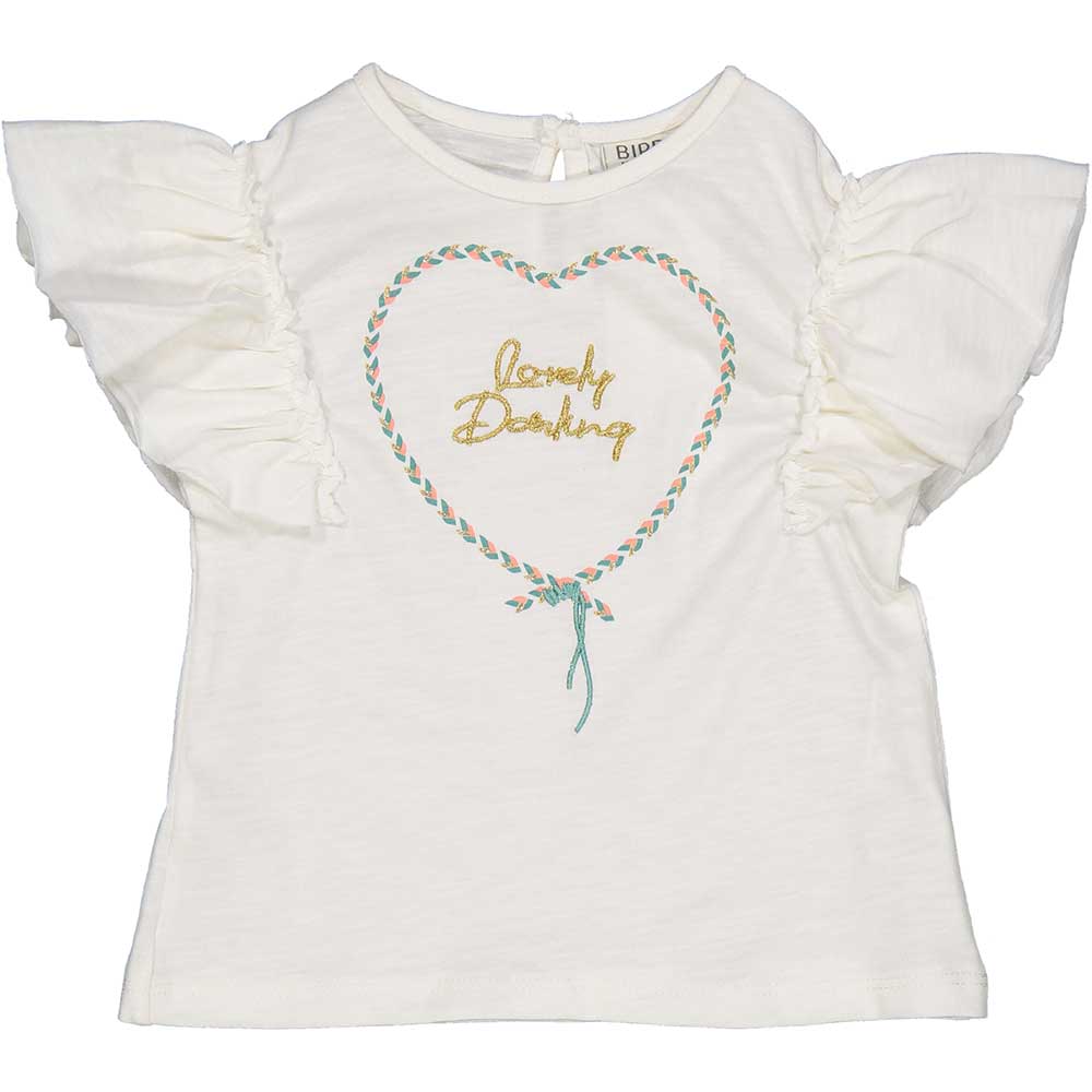 
T-shirt della Linea Abbigliamento Bambina Birba, con voilant sulle spalline e scritta dorata in ...