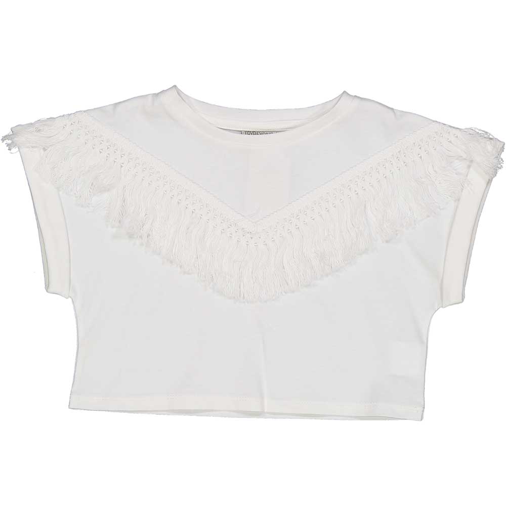 Top della Linea Abbigliamento Bambina Trybeyond, con modello corto e frange applicate sul davanti...