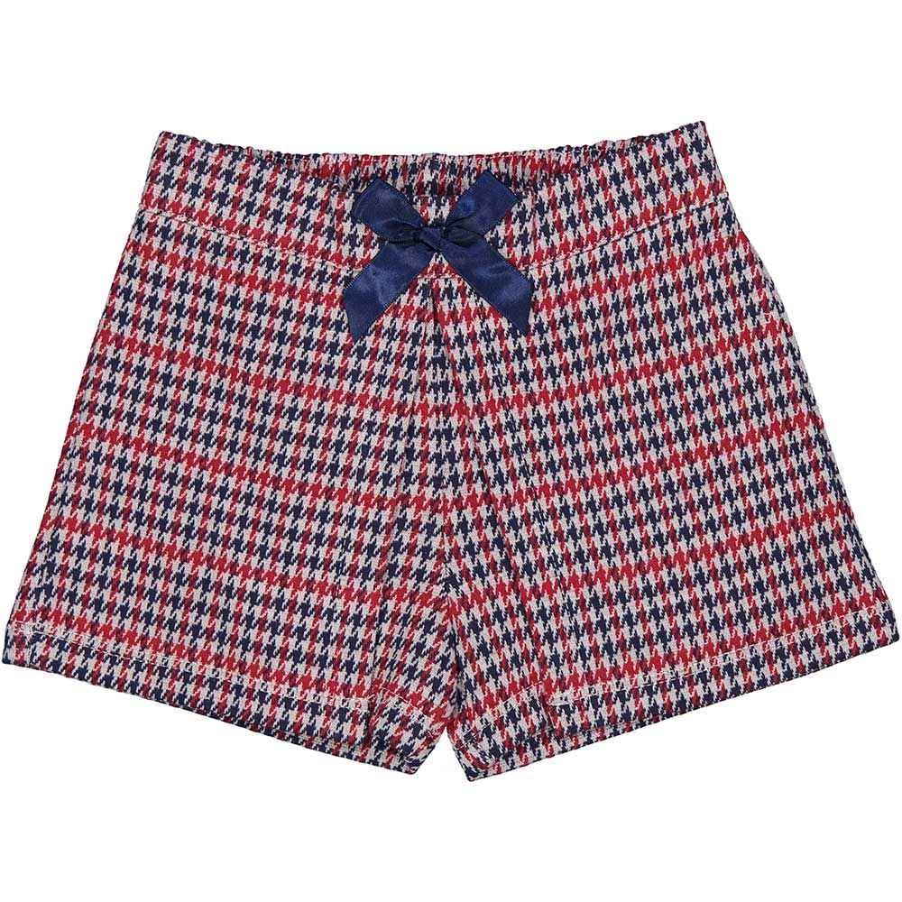 Shorts della Linea Abbigliamento Bambina Birba a pie de poulle blu e rosso, con fiocchetto sul da...