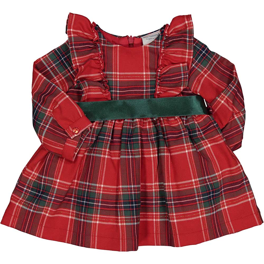 Abitino della Linea Abbigliamento Bambina Birba, con fantasia tartan, nastro verde in vita e ricc...