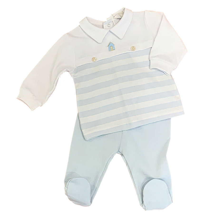 
  Completo 2 pezzi della Linea Lalalu Bambino con pantalone a tinta unita e blusa
  a righe con ...