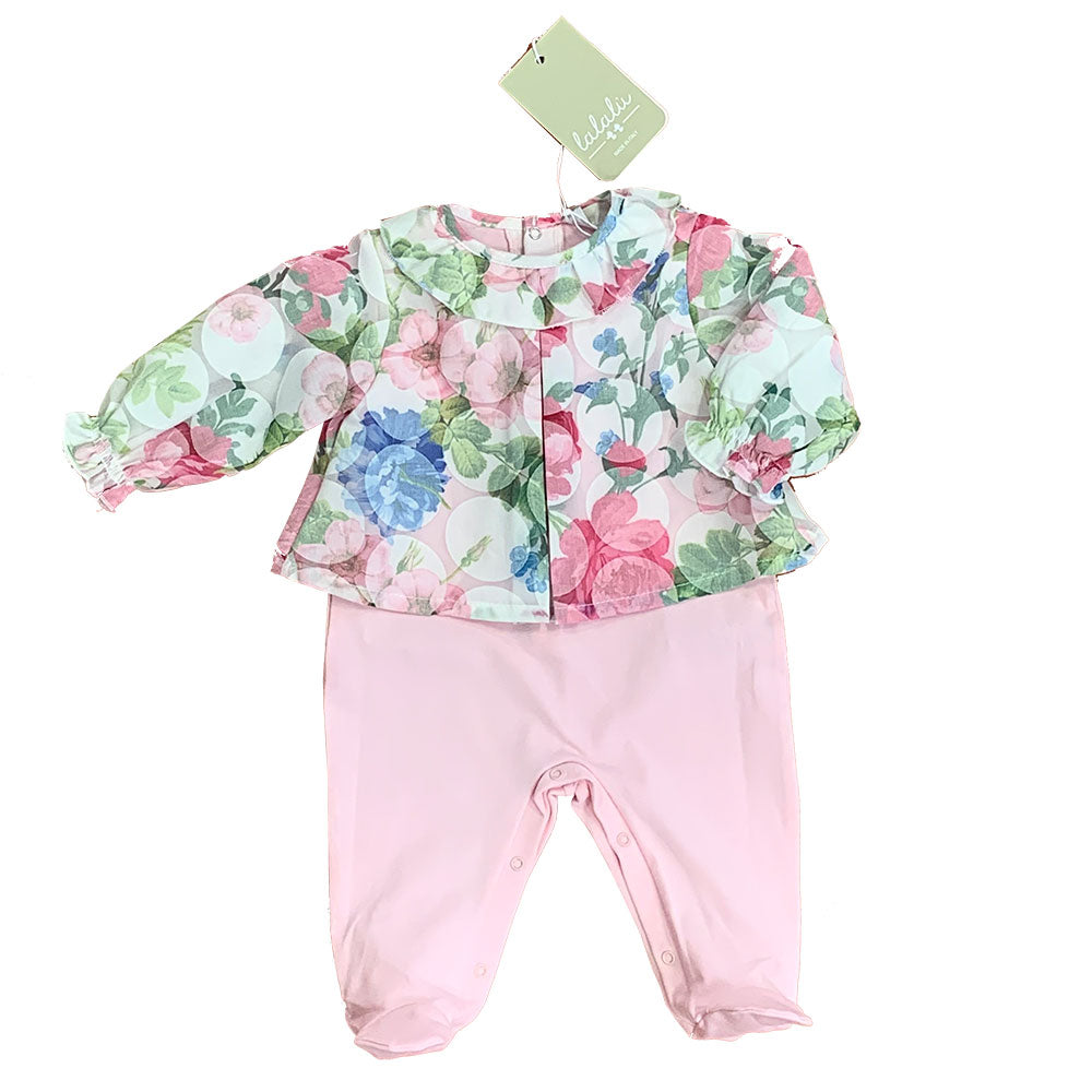 
Tutina della Linea Abbigliamento Bambina Lalalù, con blusa a fiori sovrapposta nella parte super...