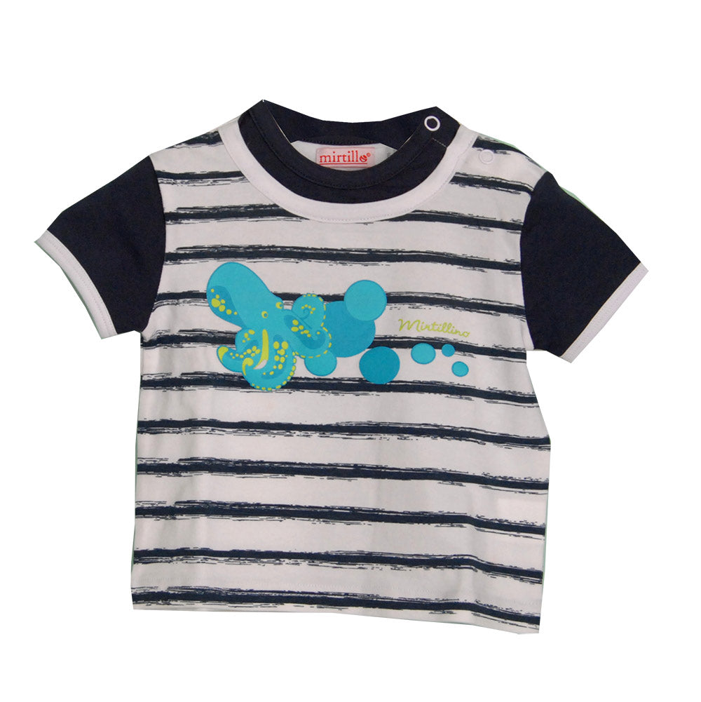 
  Completo due pezzi della linea abbiglaimento bambino Mirtillo. T-shirt a righe con
  stampa in...