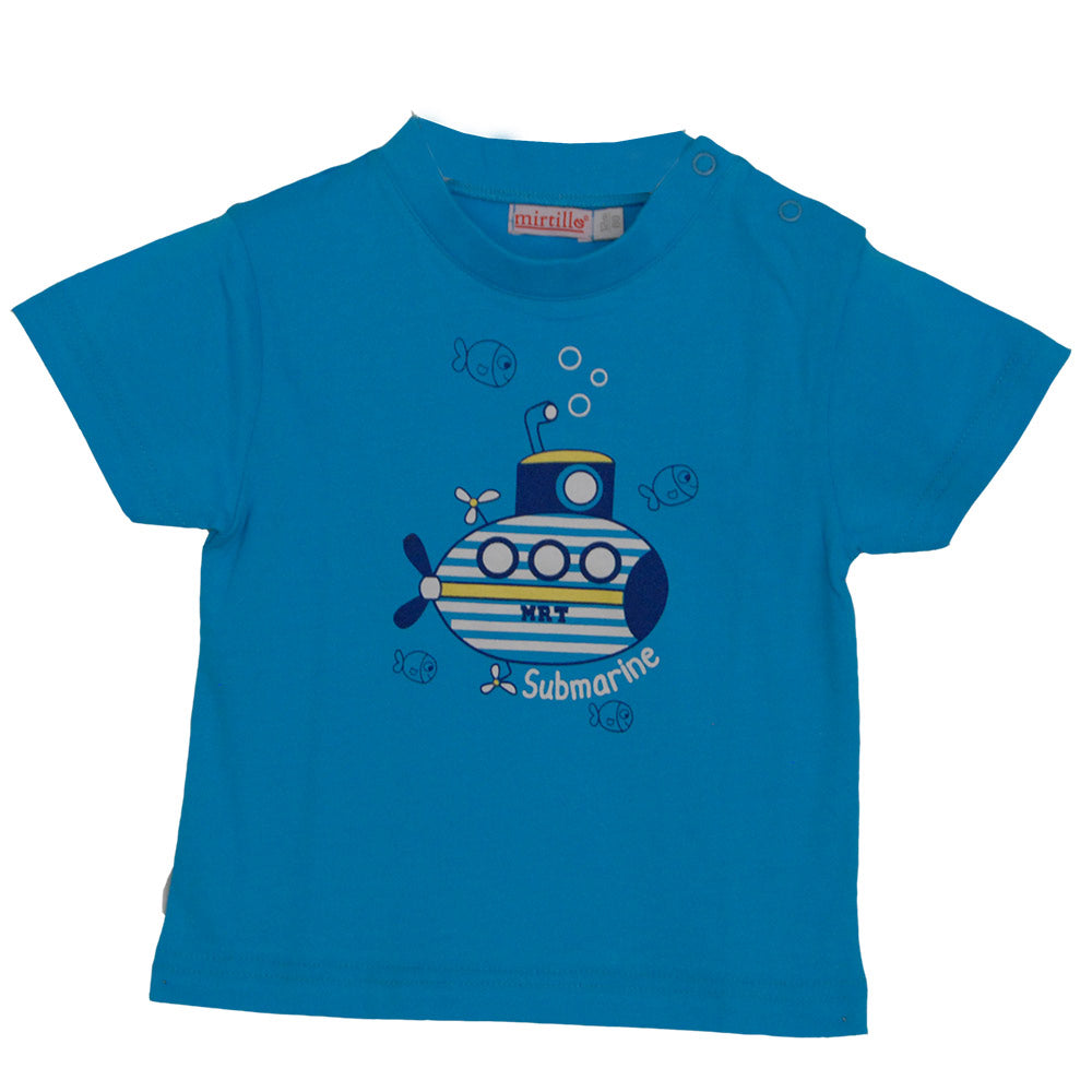 
  Completo due pezzi della linea abbigliamento bambino Mirtillo. T-shirt a tinta unita
  con sta...