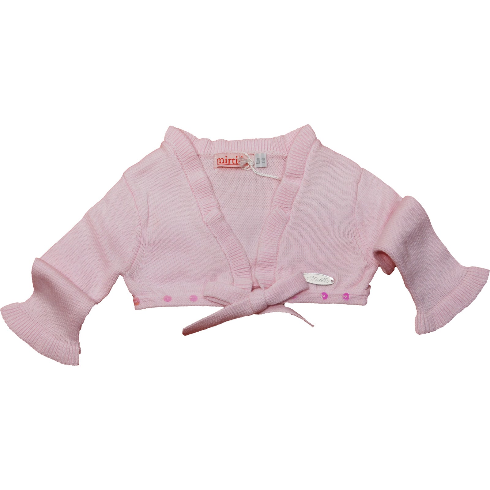 
  Coprispalle in tricot dellla linea abbigliamento bambina Mirtillo, con fiocchetto sul davanti ...