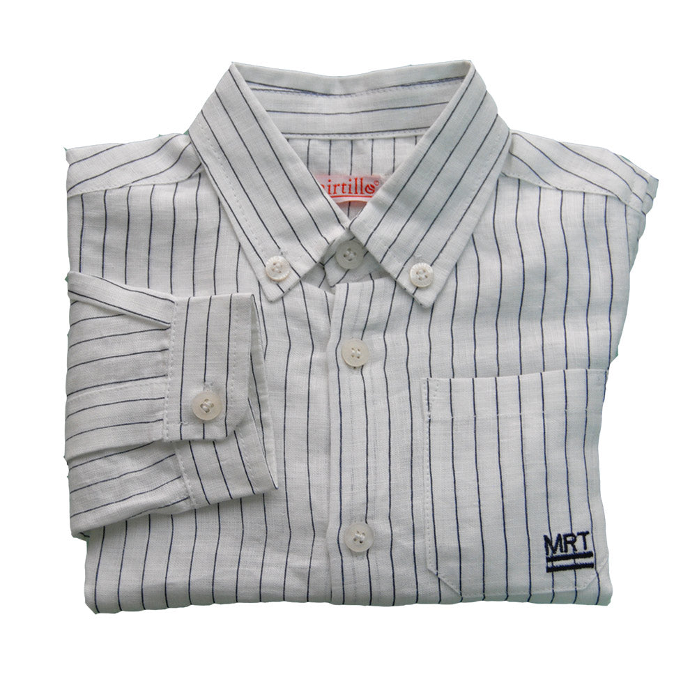 
  Camicia in lino della linea abbigliamento bambino Mirtillo. Fantasia a righe con
  taschina su...