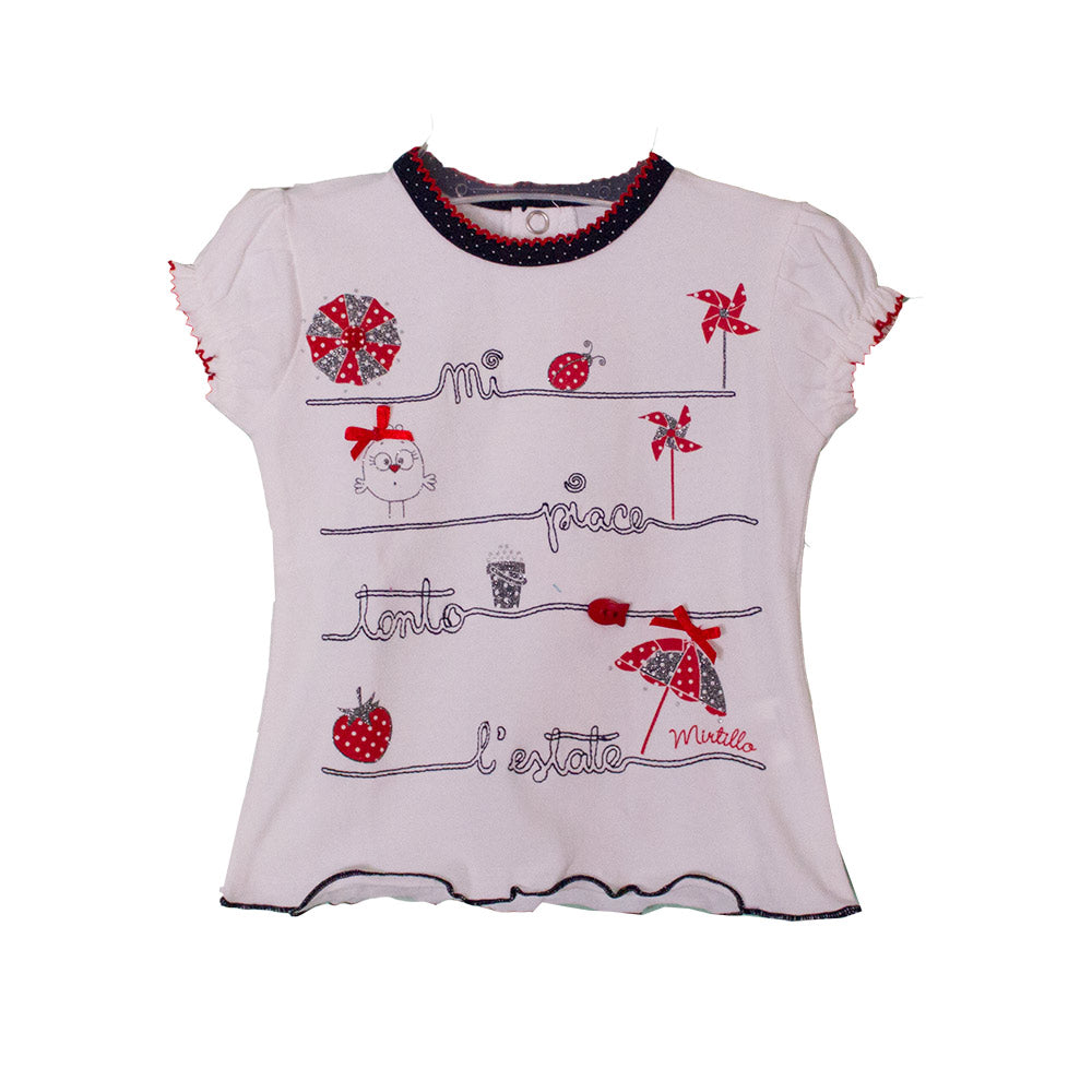 
  T-shirt della linea abbigliamento bambina Mirtillo. Tinta unita con stampa sul davanti
  illum...