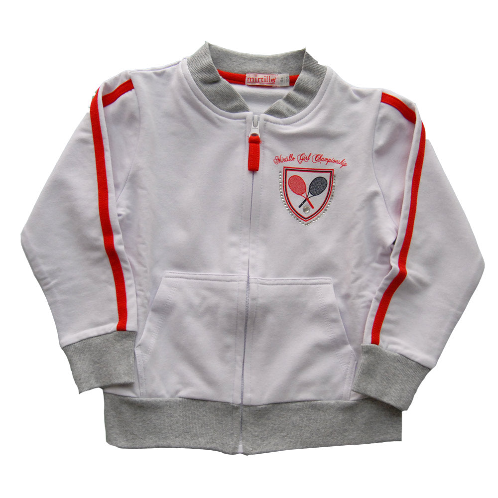 
  Tuta 2 pezzi con zip della linea abbigliamento bambina Mirtillo. Felpa con stampa
  e applicaz...