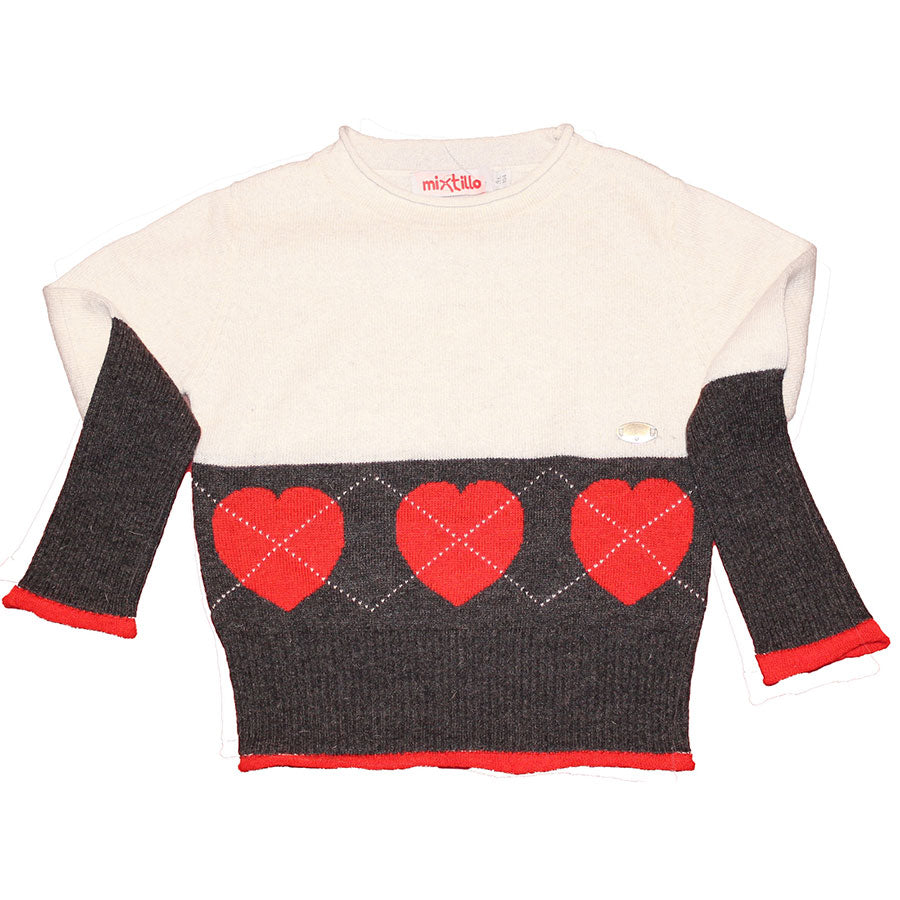 
  Maglione paricollo della linea abbigliamento bambina Mirtillo. Bicolore, con disegno
  di cuor...