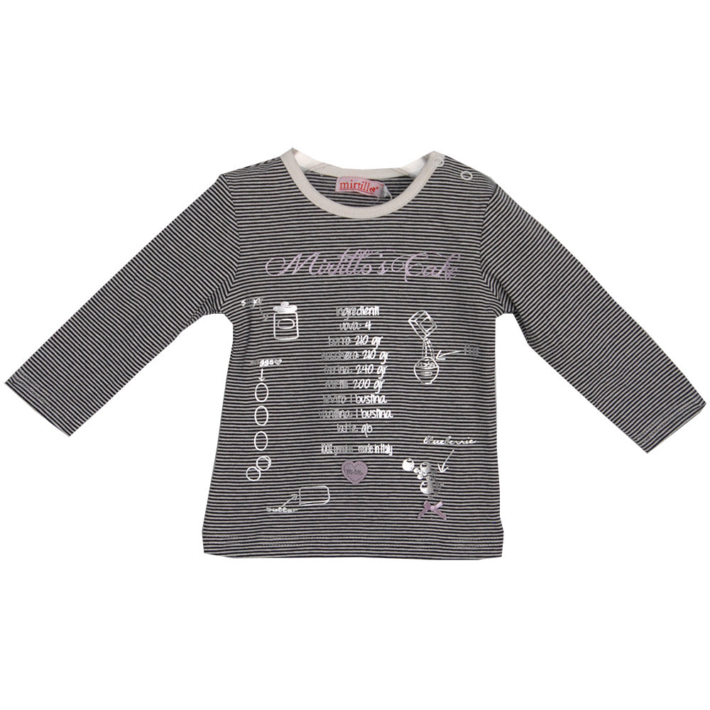 
  T-shirt della linea abbigliamento bambina Mirtillo. Fantasia a righe con stampa
  argentata su...