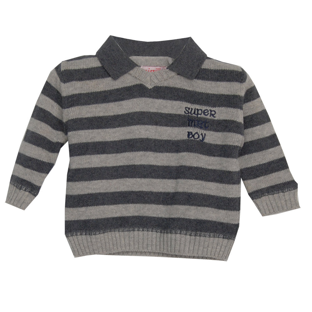 
  Maglioncino della linea abbigliamento bambino Mirtillo a righe. Collo a camicia
  e ricamo sul...