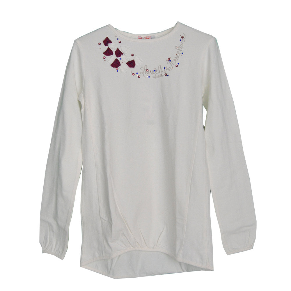 
  T-shirt asimmetrica della linea abbigliamento bambina Mirtillo. Tinta unita. Sullo
  scollo ap...