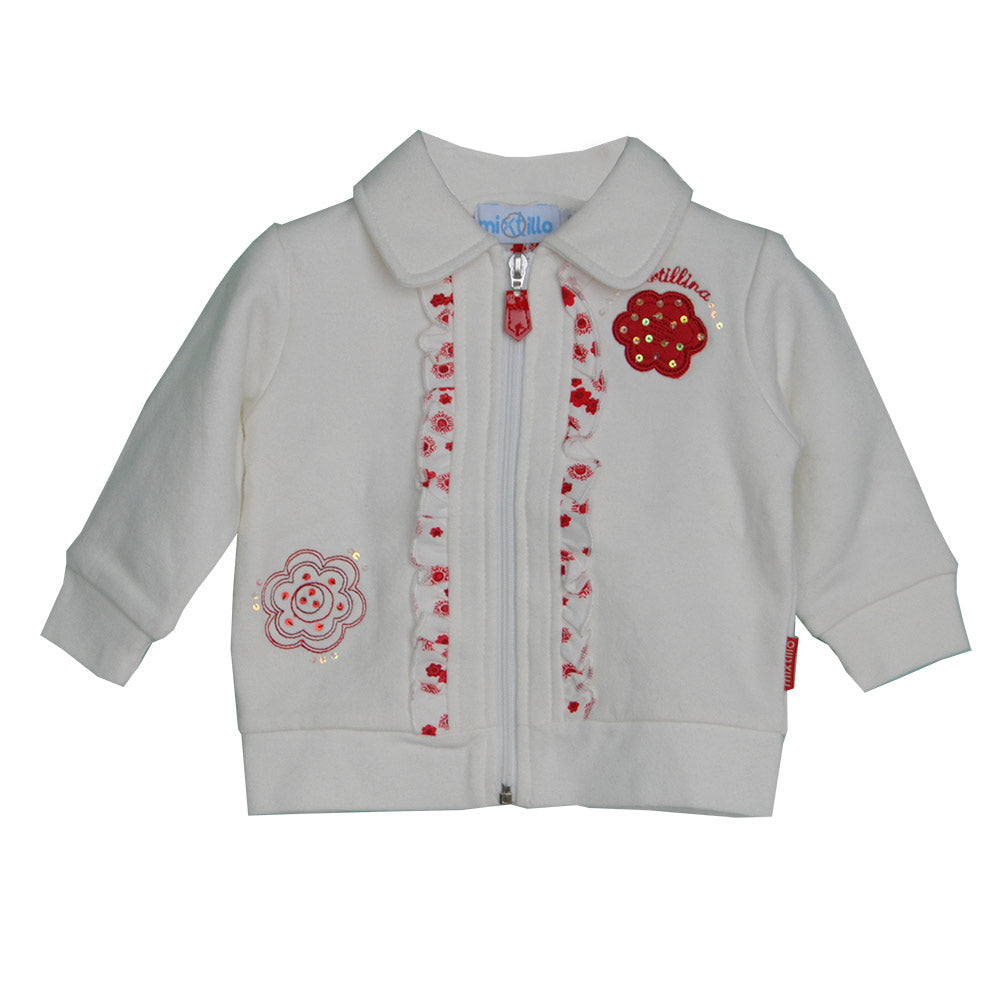 
  Cardigan felpa della linea abbigliamento bambina Mirtillo. Tinta unita con rouches,
  fiori in...