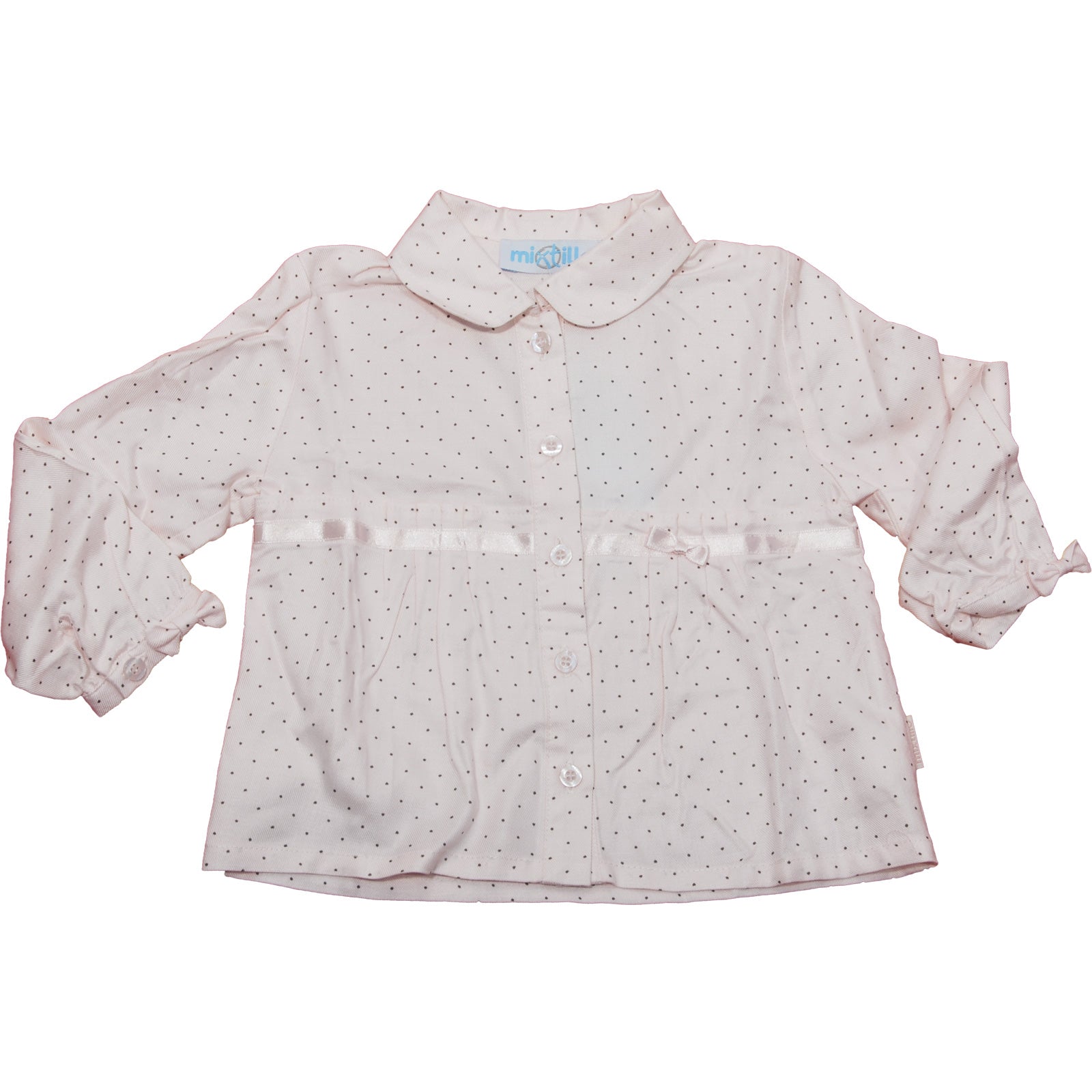 
  Camicia dellla linea abbigliamento bambina Mirtillo fantasia micropois, con fiocchetto di raso...