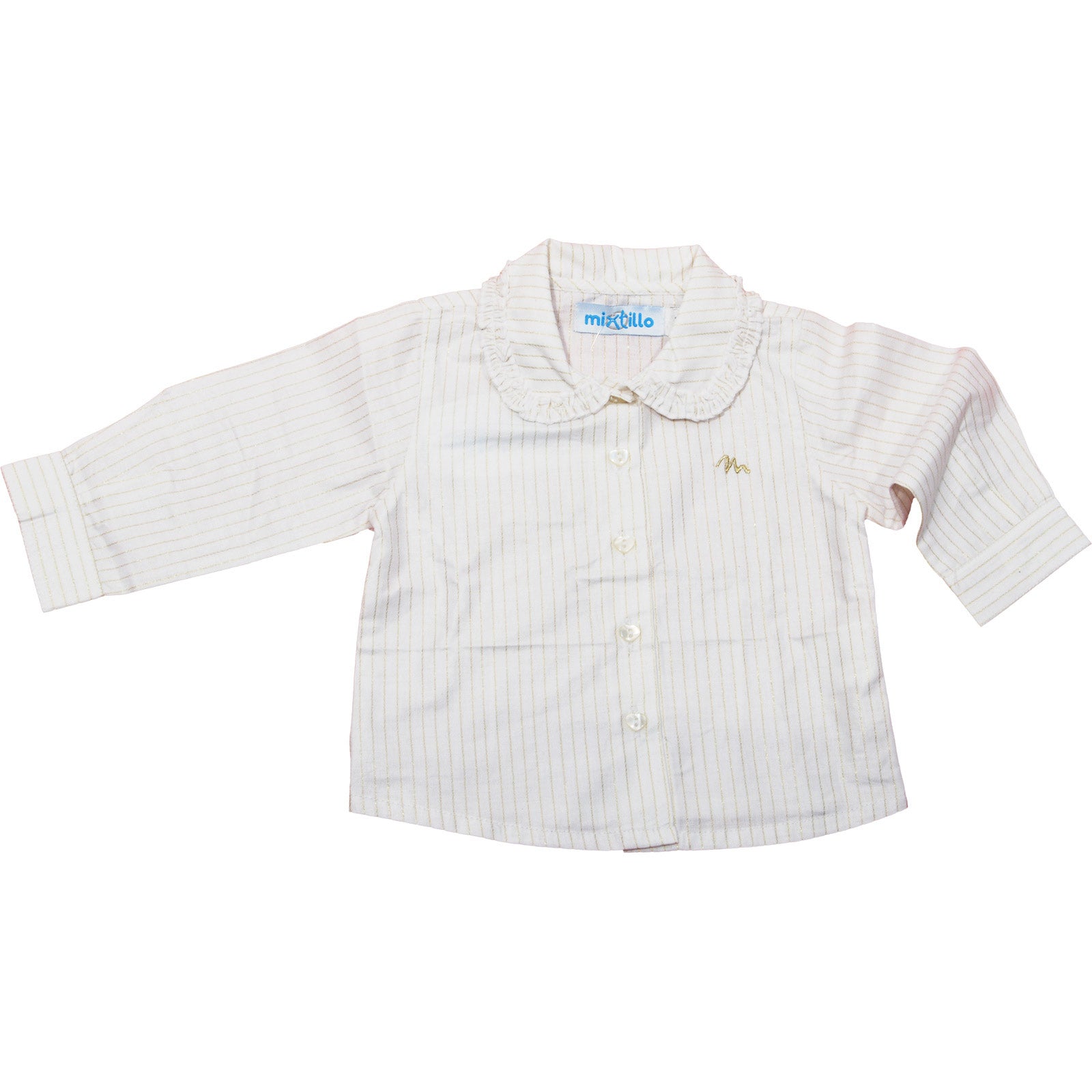 
  Camicia dellla linea abbigliamento bambina Mirtillo a righine dorate, con colletto rotondo e a...