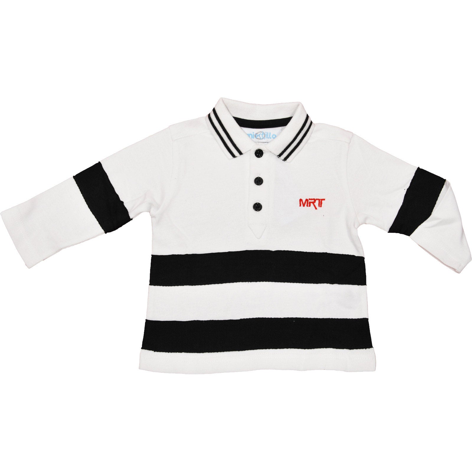 
  Polo dellla linea abbigliamento bambino Mirtillo con fantasia a righe, biaco e nera, applicazi...