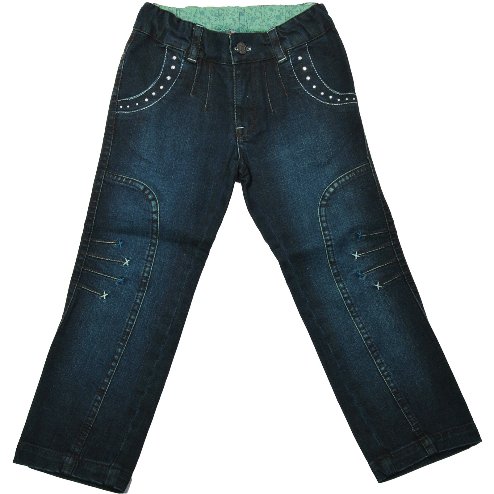 
  Pantalone in denim dellla linea abbigliamento bambina Mirtillo, lavaggio verde bottiglia. Appl...