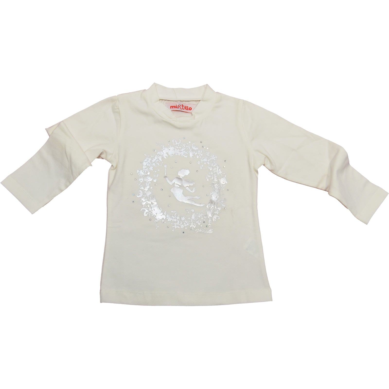 
  T-shirt dellla linea abbigliamento bambina Mirtillo con collo a fiocchetto, sul davanti stampa...