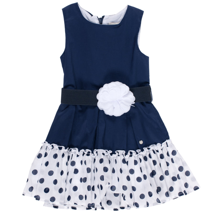 
  Abitino della linea abbigliamento bambina Silvian Heach Kids; tessuto a pois blu
  su sfondo b...