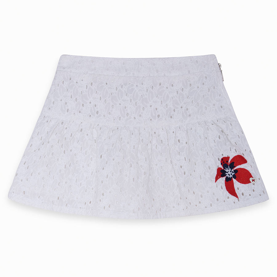 
  Gonna della linea abbigliamento bambina Tuc Tuc, in pizzo e con balza. Fiore in
  tessuto appl...