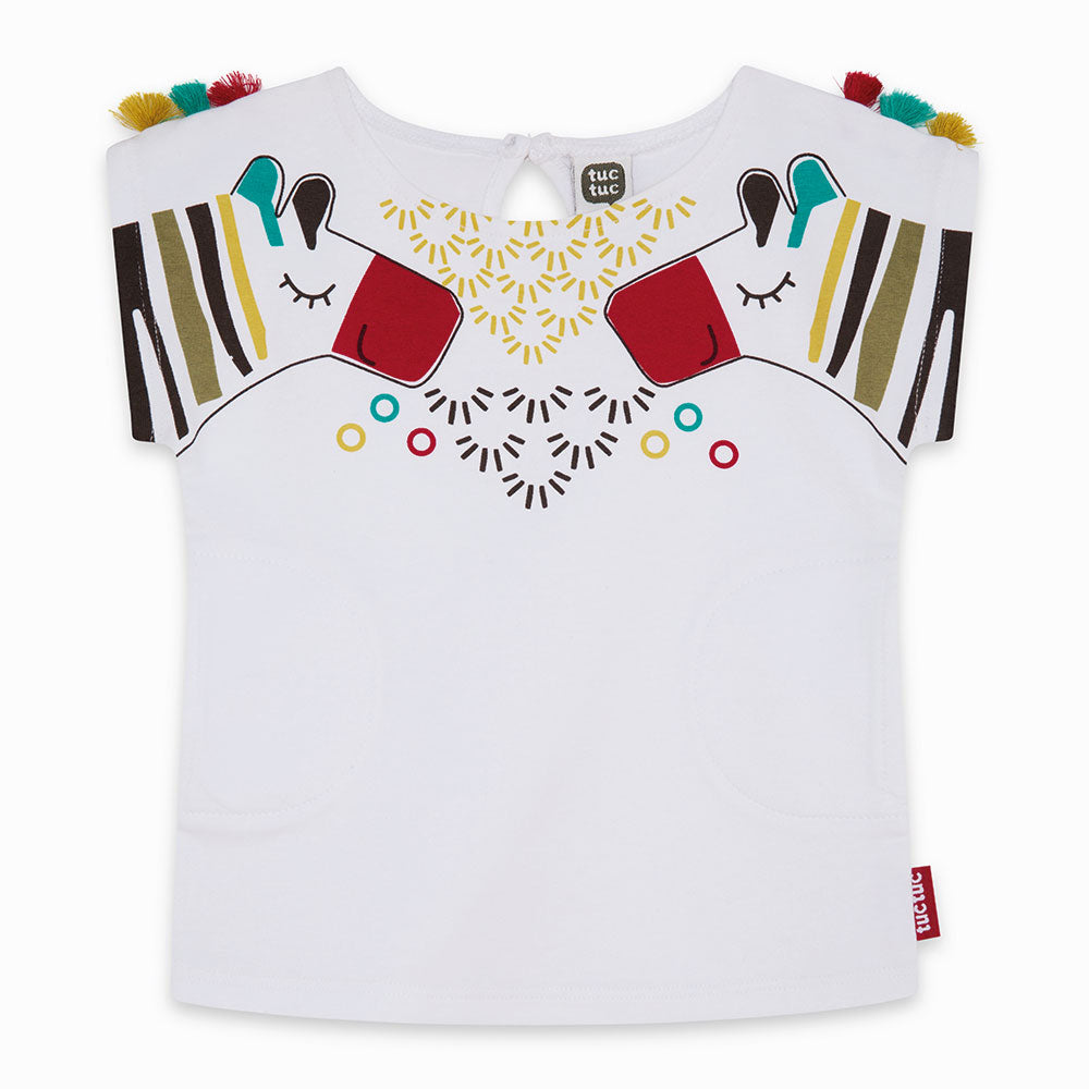 
  T-shirt della Linea Abbigliamento Bambina Tuc Tuc con pon pon sulle spalline e stampa
  colora...