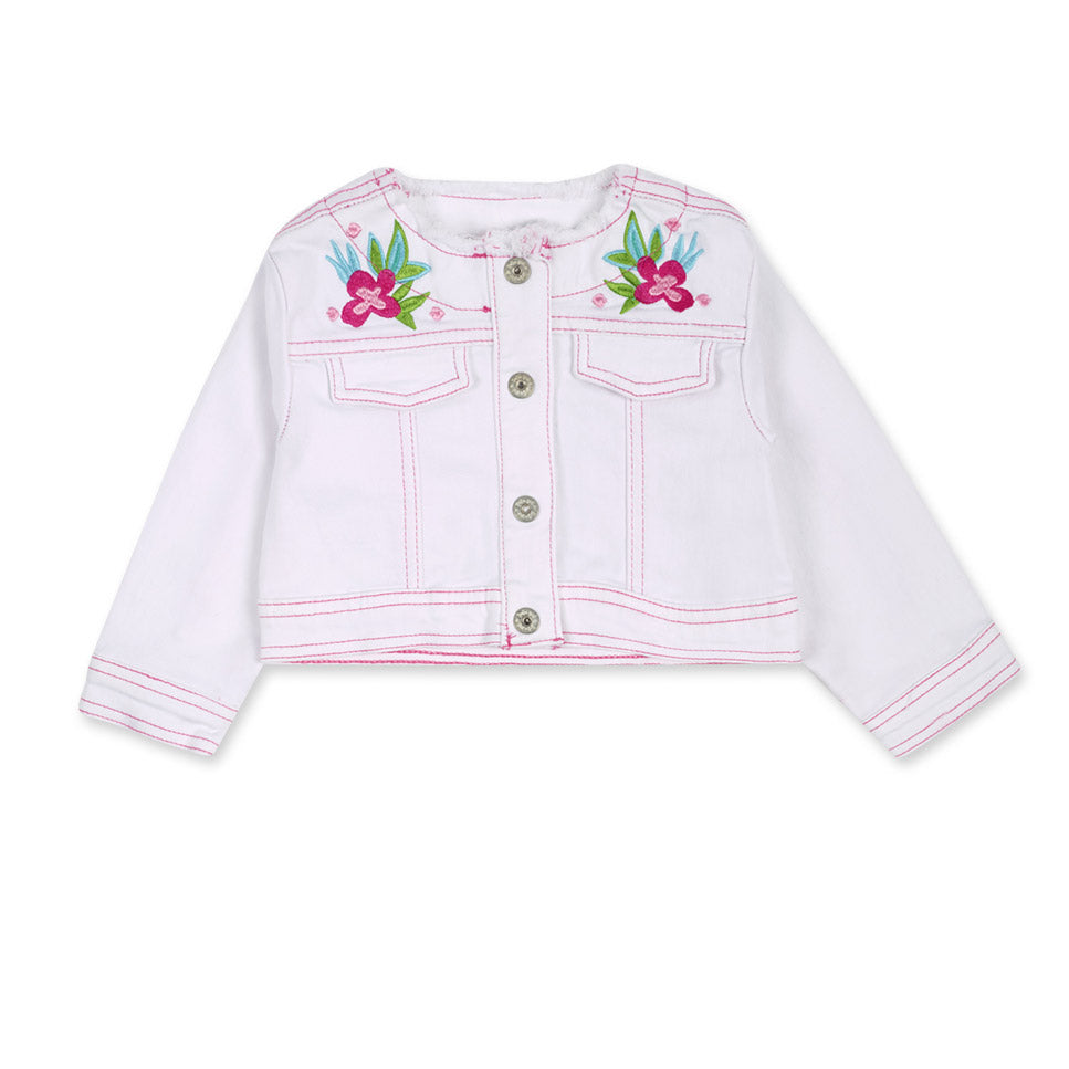 Giacchina jeans della Linea Abbigliamento Bambina Tuc Tuc, con ricami a tinte  vivaci sui taschin...