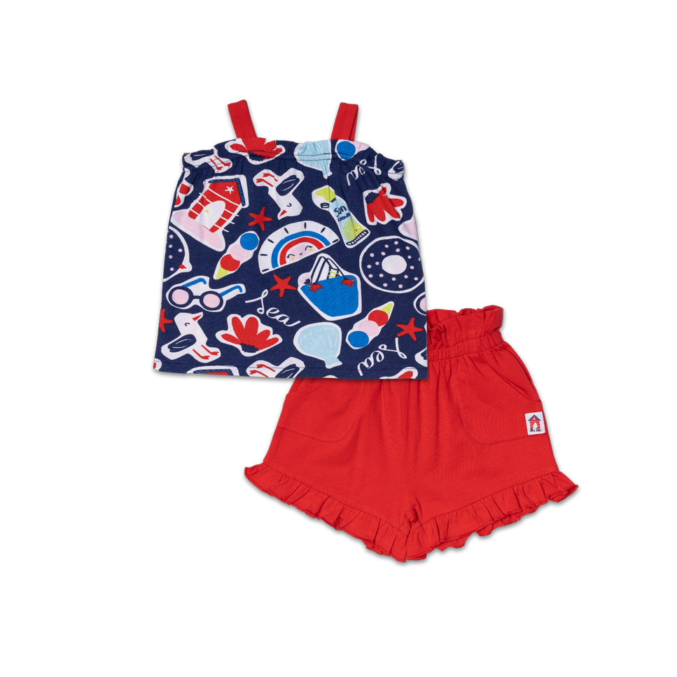 Completo mare della Linea Abbigliamento Bambina Tuc Tuc, con top a fantasia e pantaloncino a tint...