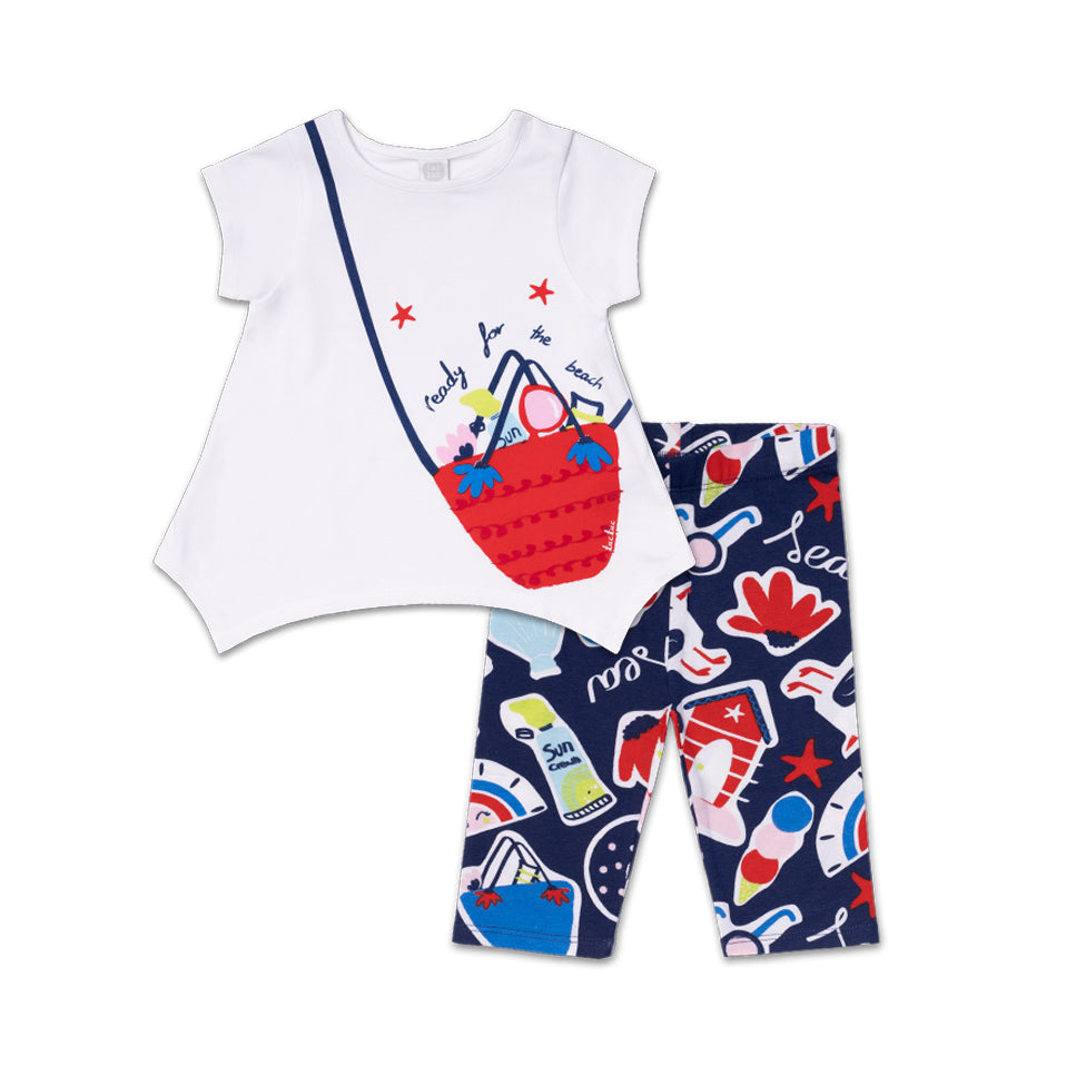 Completo due pezzi della Linea Abbigliamento Bambina Tuc Tuc, con maglietta a fondo bianco e stam...