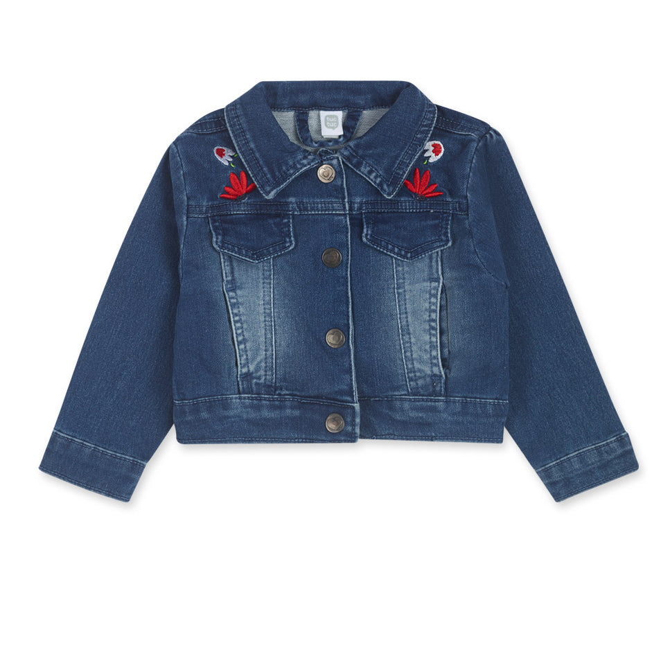 Giubbotto jeans della Linea Abbigliamento bambina tuc Tuc, con ricami sulle spalline e bottoncini...