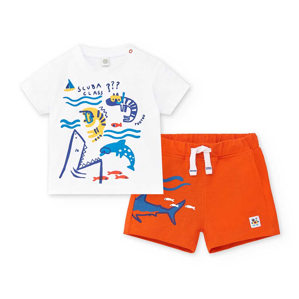 Completo due pezzi della Linea Abbigliamento Bambino Tuc Tuc, con pantaloncino a tinta unita e ma...