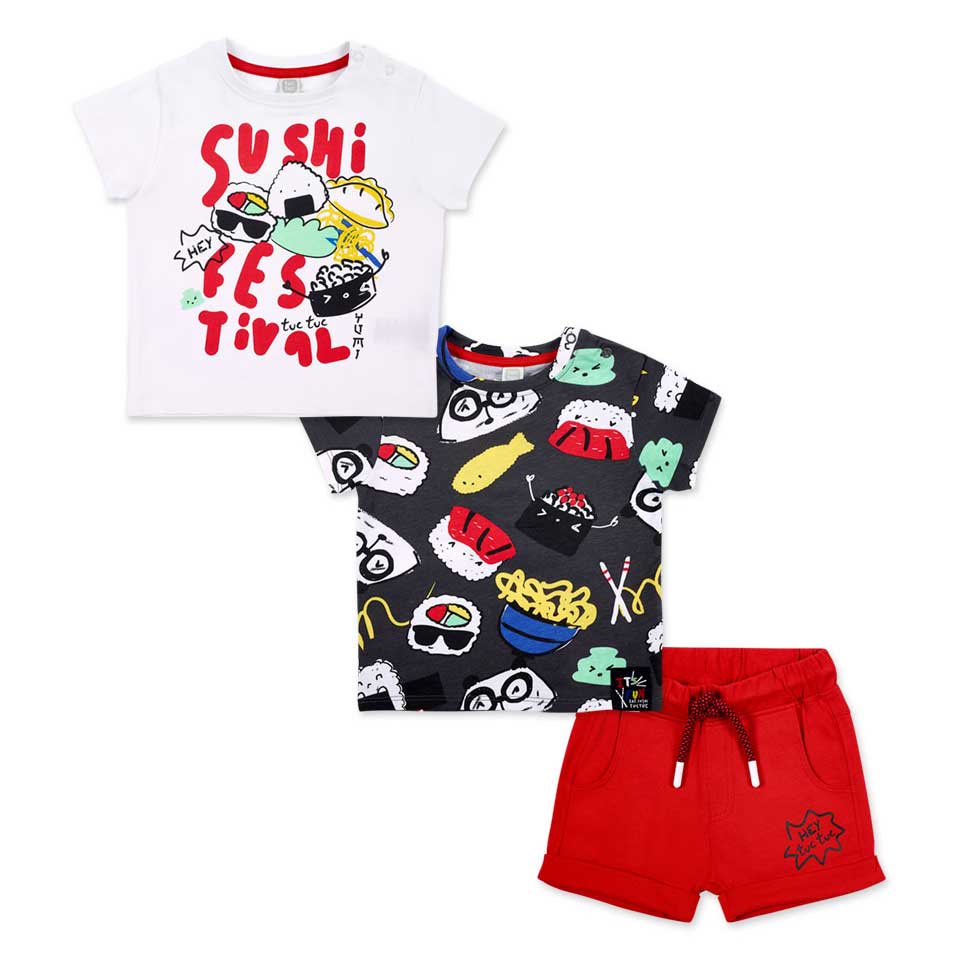 Completo tre pezzi della Linea Abbigliamento bambino Tuc Tuc, con due t-shirt a fantasia diversa ...