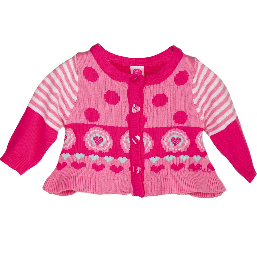 
  Cardigan della linea abbigliamento bambina Tuc Tuc, con lavorazione a pois e merletto
  sul fo...