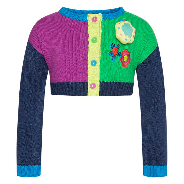 Cardigan con bottoncini multicolor, ricami e applicazione su un lato.

ALL, UPPER FABRIC, COTTON ...