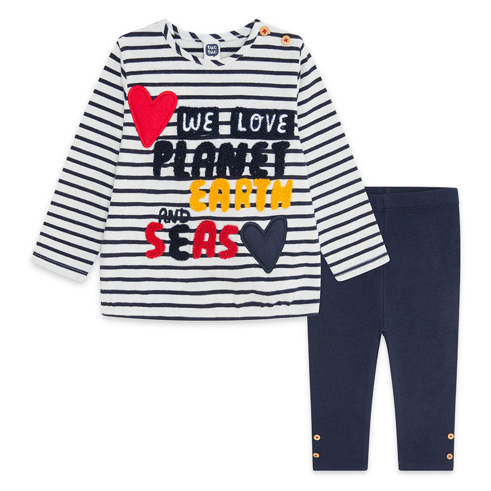 
Completo due pezzi della Linea Abbigliamento Bambina Tuc Tuc, con maglietta a righe con applicaz...