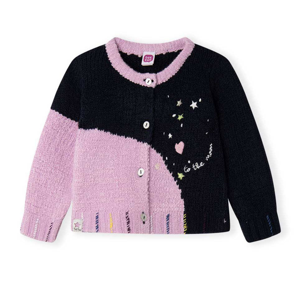 
Cardigan della linea Abbigliamento Ba,bina tuc Tuc, con bottoncini lurex e ricami colorati sul d...