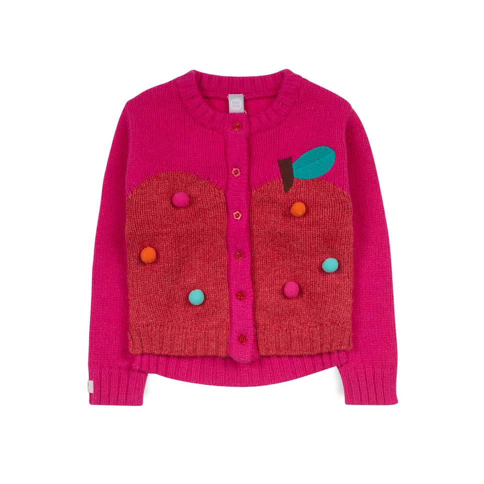 Cardigan della Linea Abbigliamento Bambina Tuc Tuc, con ricami e pon pon applicati sul davanti.
M...