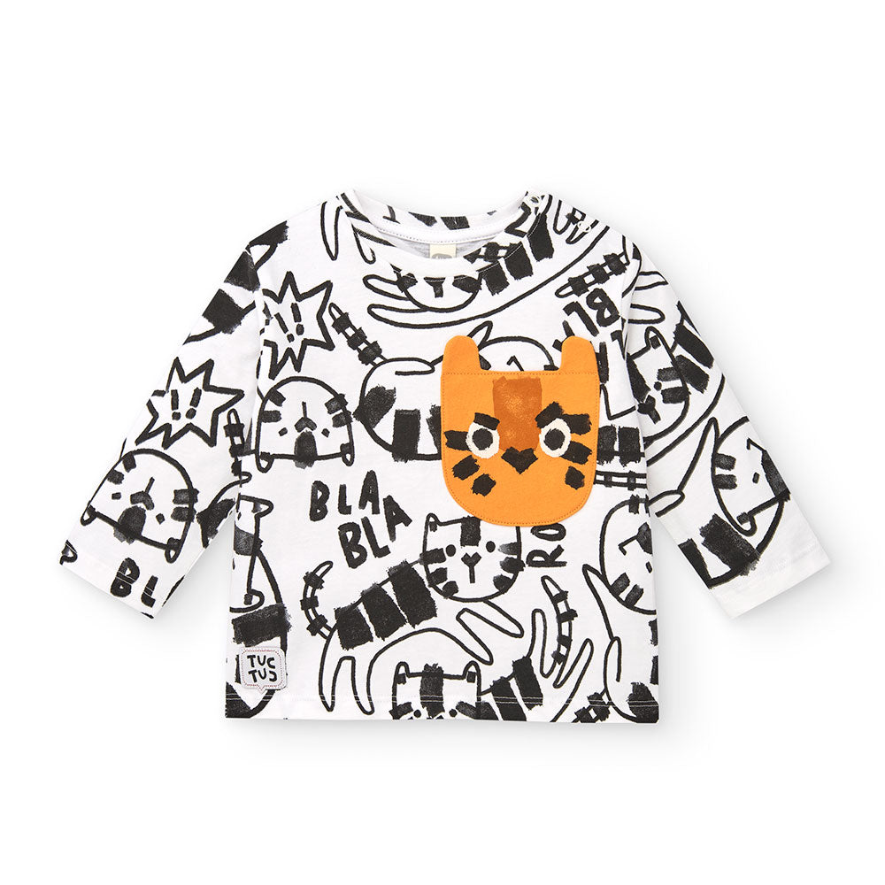 Maglietta della Linea Abbigliamento Bambino Tuc Tuc, con fantasia cartoon nero su bianco all-over...